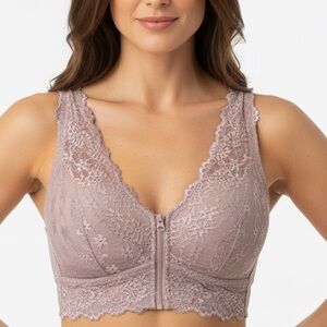 Bralette Lace Trim Front Zip Size Large